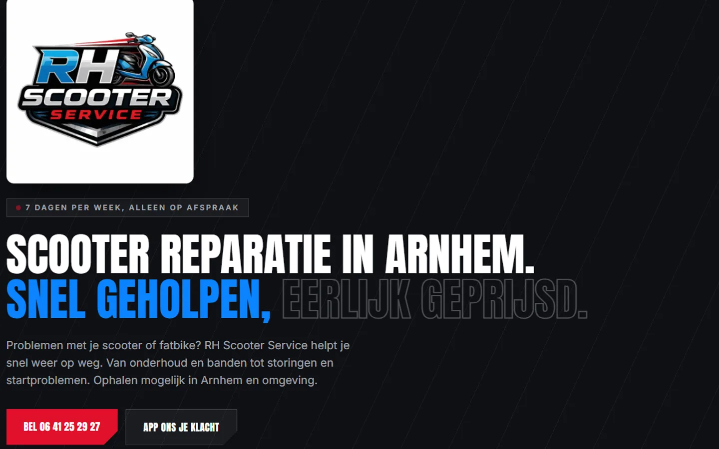 RH Scooter Service Arnhem website door AP Digital, scooter en fatbike reparatie